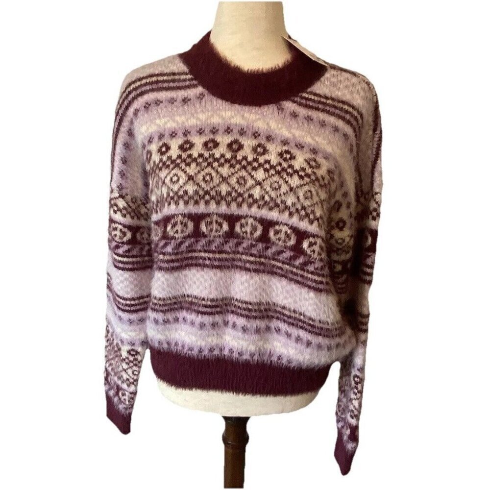 So Sweater Nordic Fair Isle Long Sleeve Pullover Maroon Purple New Sz L NWT Soft